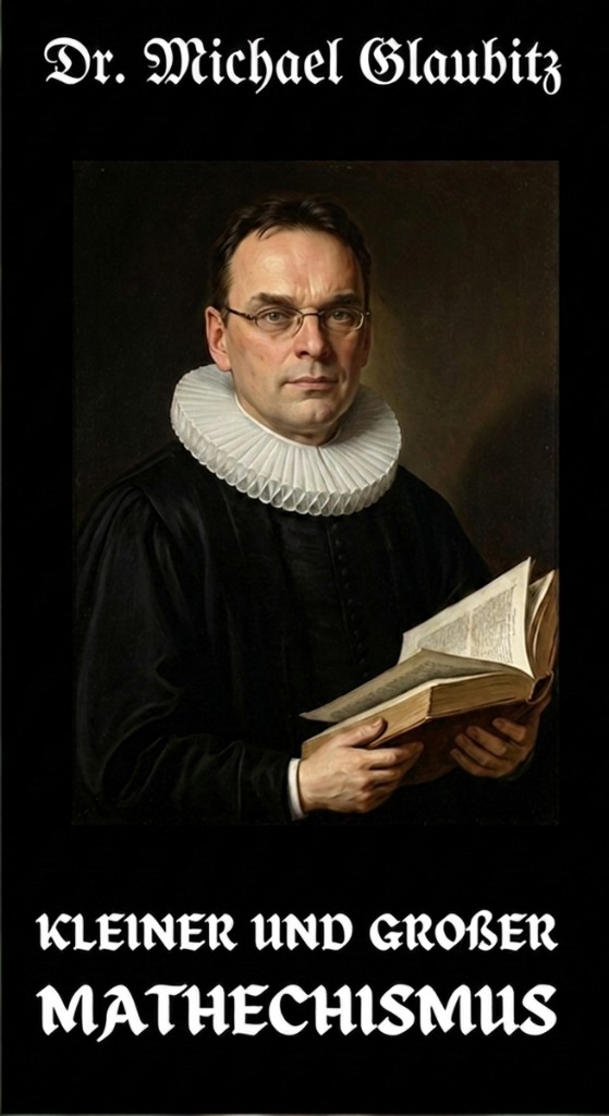 Porträt im Stil eines historischen Buchcovers: Dr. Michael Glaubitz mit weißem Kragen und einem aufgeschlagenen Buch; darüber und darunter der Name sowie die Zeile Kleiner und großer Mathechismus in weißer gebrochener Schrift auf schwarzem Grund.