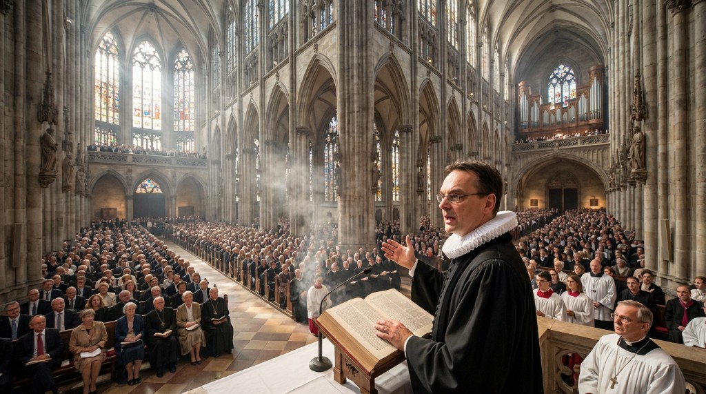 Predigt von einer hohen Kanzel in einer gotischen Kathedrale: Prediger in schwarzer Robe mit großem weißem Kragen, erhobene Hand, aufgeschlagenes Buch auf dem Lesepult; Gemeinde auf den Bänken, Licht durch farbige Bleiglasfenster.
