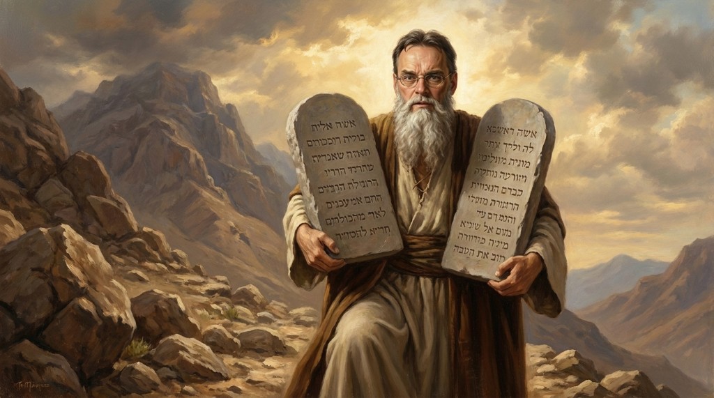 Stilisierte Darstellung: Figur mit langem Bart und Brille in antik anmutender Gewandung, zwei steinerne Gesetzestafeln mit hebräisch anmutender Schrift haltend, vor bergiger Landschaft und dramatisch beleuchtetem Himmel.
