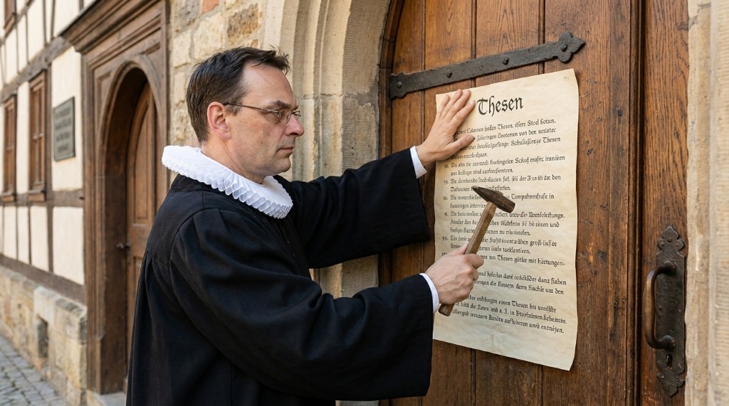 Mann in historischer Kleidung mit weißem Kragen schlägt ein mit »Thesen« betiteltes Schriftstück an eine große hölzerne Kirchentür; historischer Platz mit Fachwerk im Hintergrund.